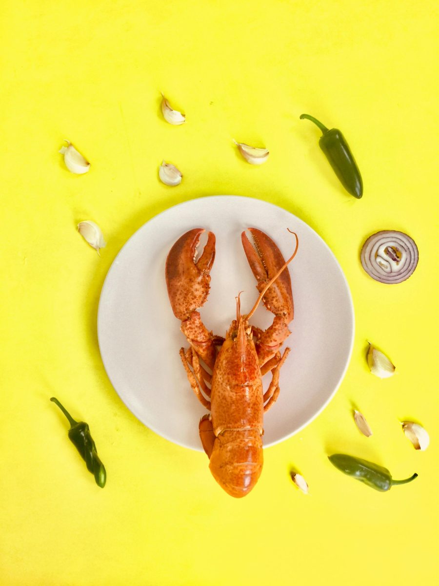 Tanier s langustou obklopený cesnakom, jalapeñom a cibuľou na jasnom žltom pozadí.