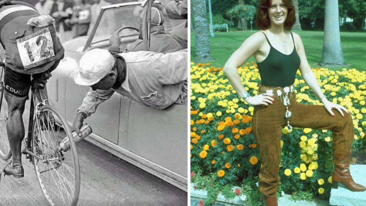 Čiernobiela foto cyklistu dostávajúceho fľašu; žena v záhrade s kvetmi v hnedom oblečení.