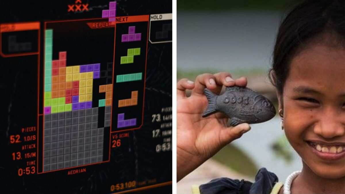 Obrázok hry Tetris a dievčaťa držiaceho rybku z kovu, usmievajúci sa na kameru.