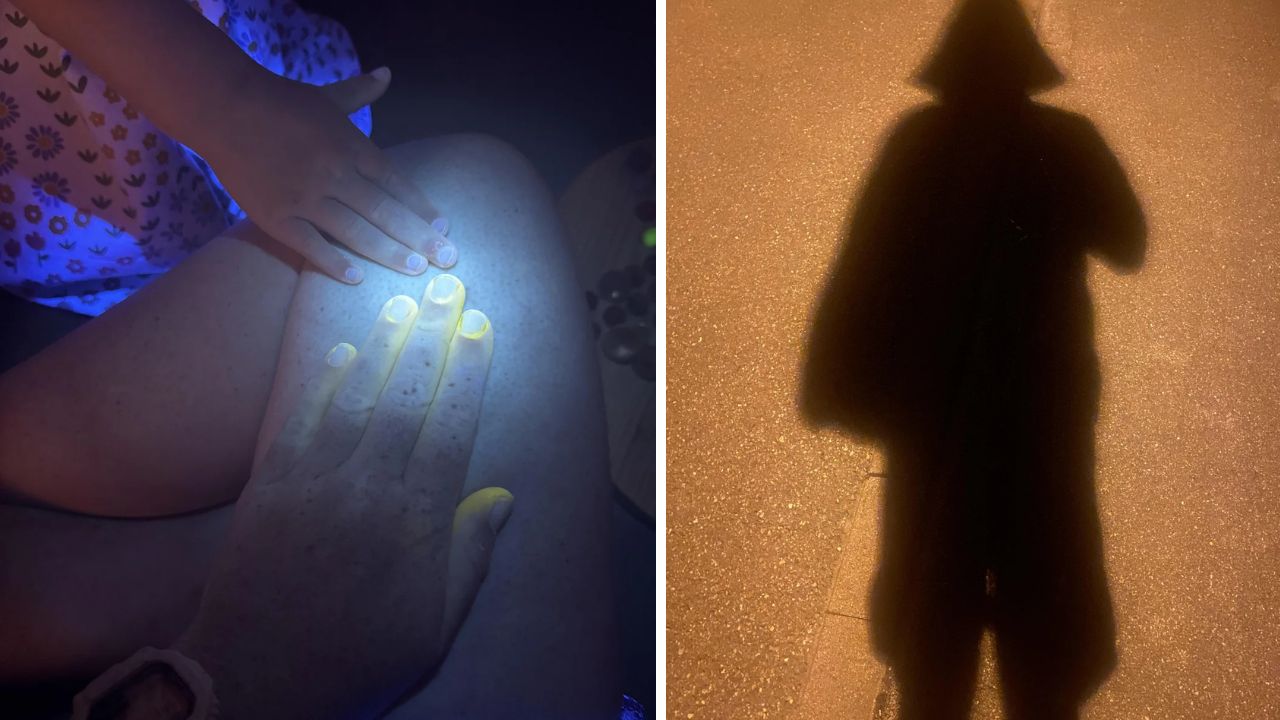 Luminiscenčné nechty v UV svetle a tajomný tieň na ceste za súmraku.