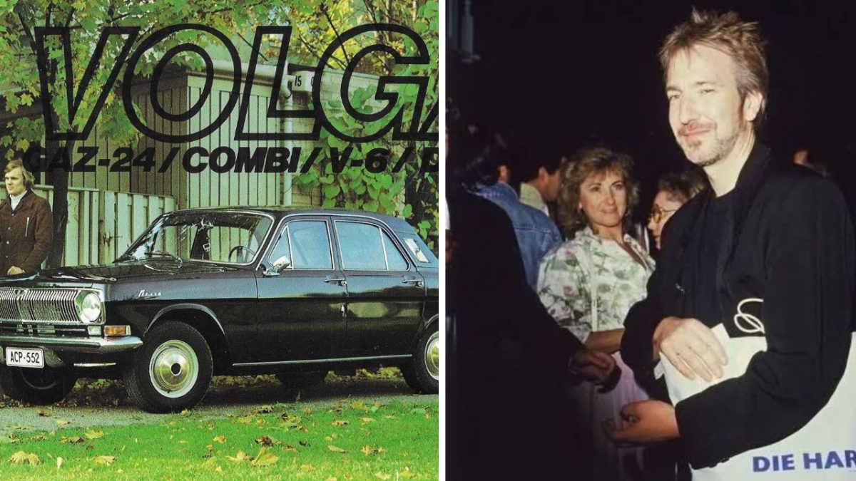 Ľavá časť: Vintage reklama na auto Volga GAZ-24 pred garážou. Pravá časť: Skupina ľudí počas nočného podujatia.