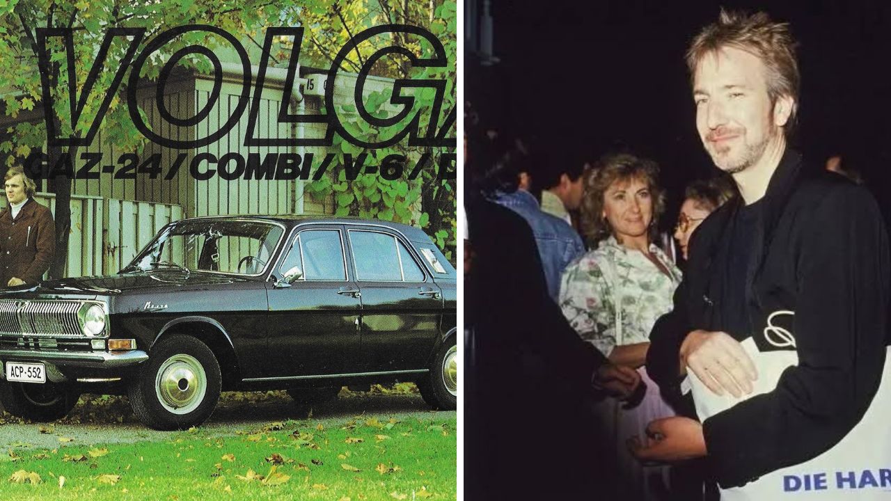 Ľavá časť: Vintage reklama na auto Volga GAZ-24 pred garážou. Pravá časť: Skupina ľudí počas nočného podujatia.