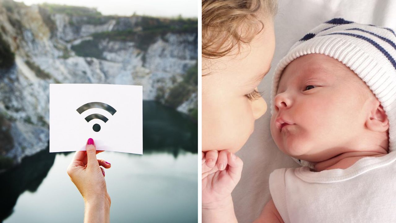Ľavá strana: silueta Wi-Fi signálu v prírode. Pravá strana: bond medzi novorodencom a starším súrodencom.