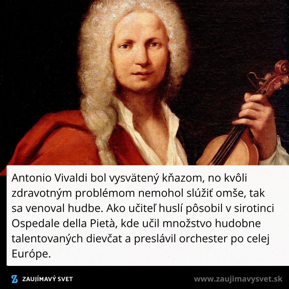 Portrét muža s husľami v červenom plášti, text hovorí o hudobnej kariére a vplyve na ženský orchester v Európe.