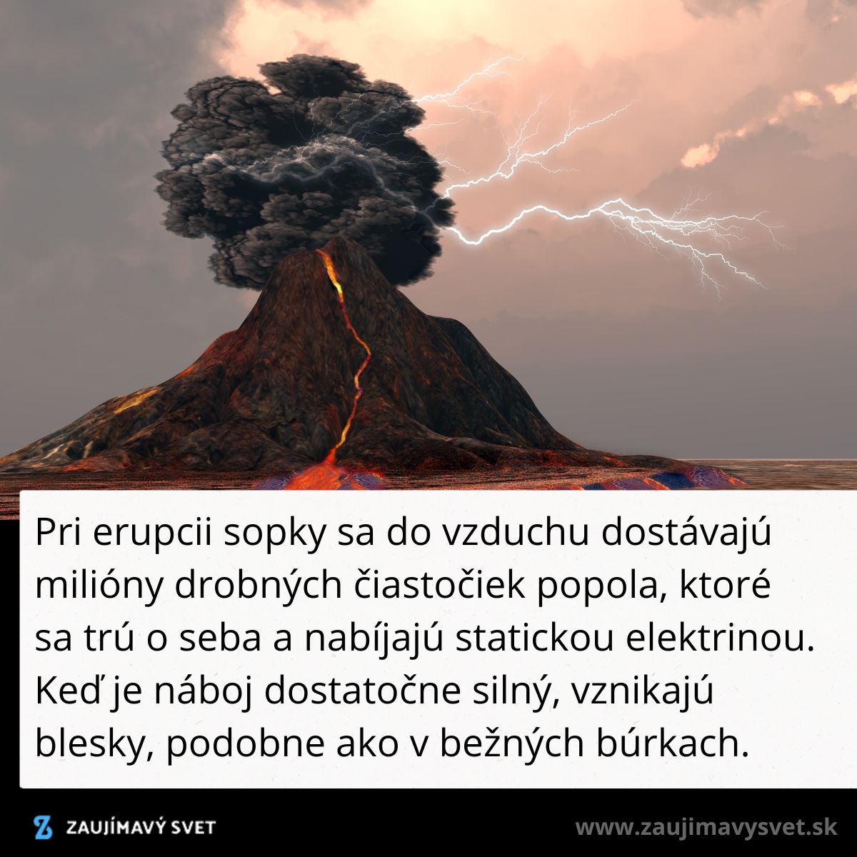 Sopka v erupcii s dymom a bleskami, ukazuje prírodný fenomén silnej statickej elektriny.
