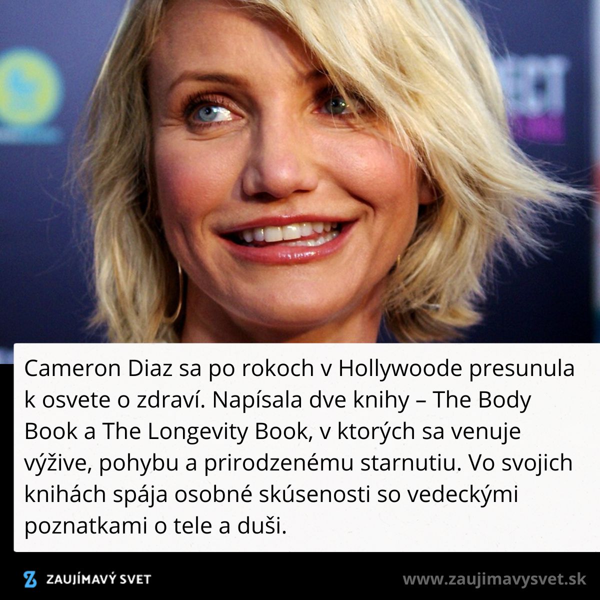 Usmievavá žena s blond vlasmi na večernej akcii, text opisuje jej zameranie na knihy o zdraví a starnutí.