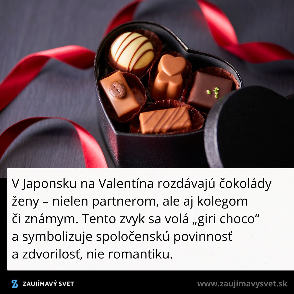 Srdcová krabička plná rôznych čokolád s červenou stuhou - japonský zvyk giri choco.