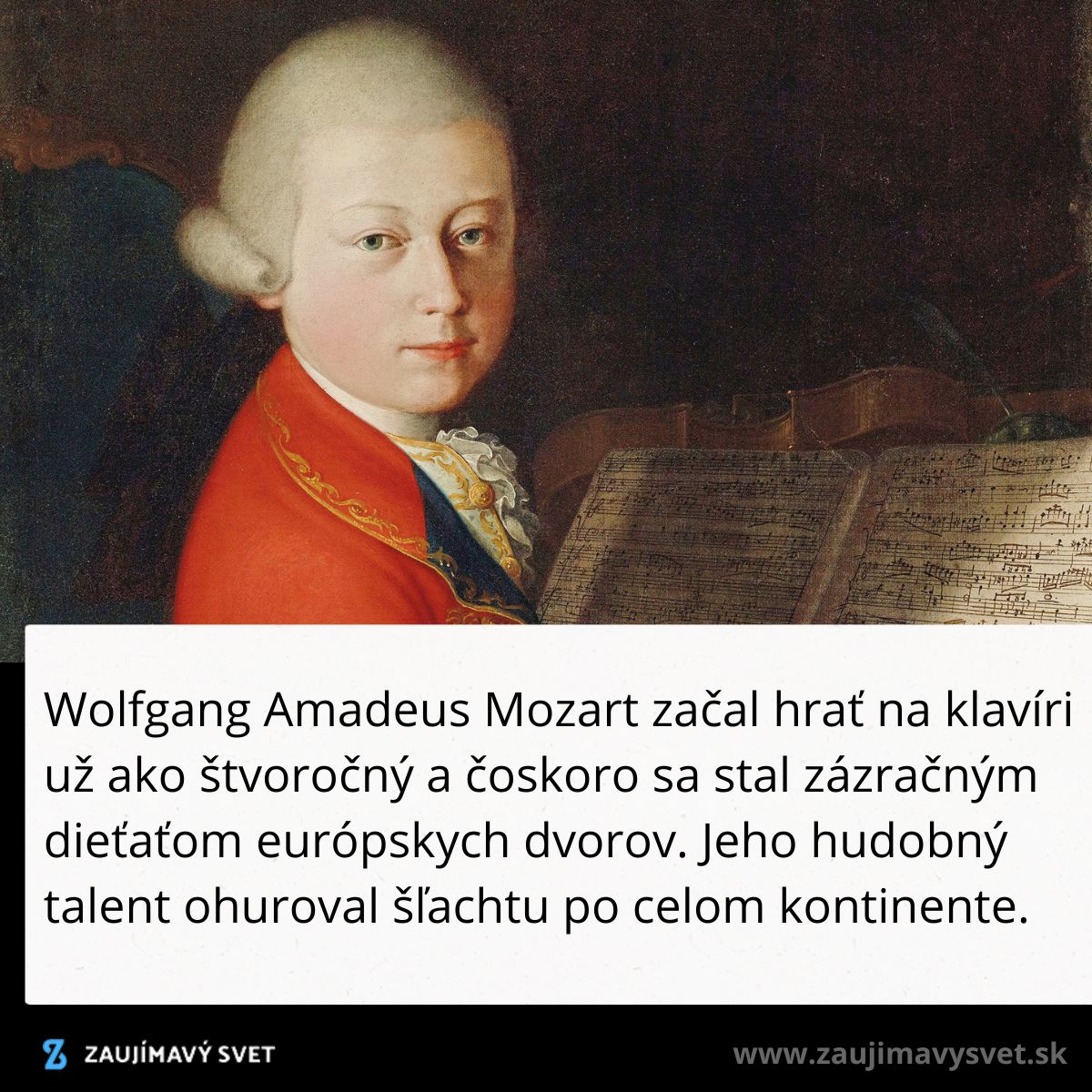 Mladý hudobný génius pri klavíri s notami, oblečený v dobovom oblečení, pripravený ohúriť svojím talentom.