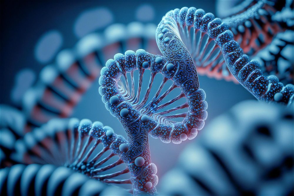 Ilustrácia DNA špirály v modrých tónoch, detailný pohľad na dvojzávitnicu a genetickú štruktúru.