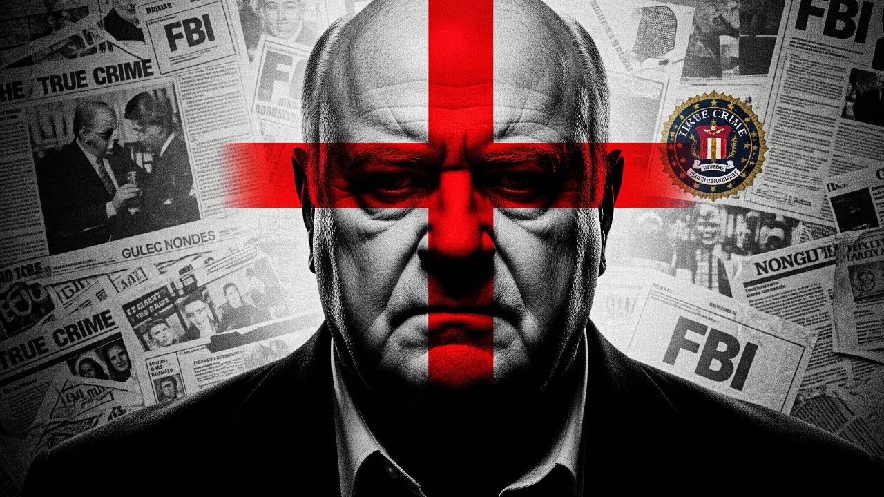 Semjon Mogilievič s krížom cez tvár pred stenou novinových výstrižkov, symbolizujúcich zločin a vyšetrovanie.