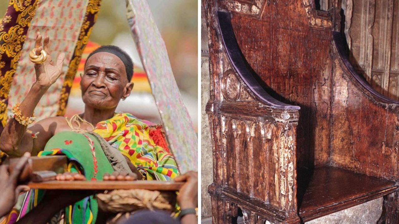Portrét človeka v tradičnom africkom odeve vedľa starobylého dreveného kresla.