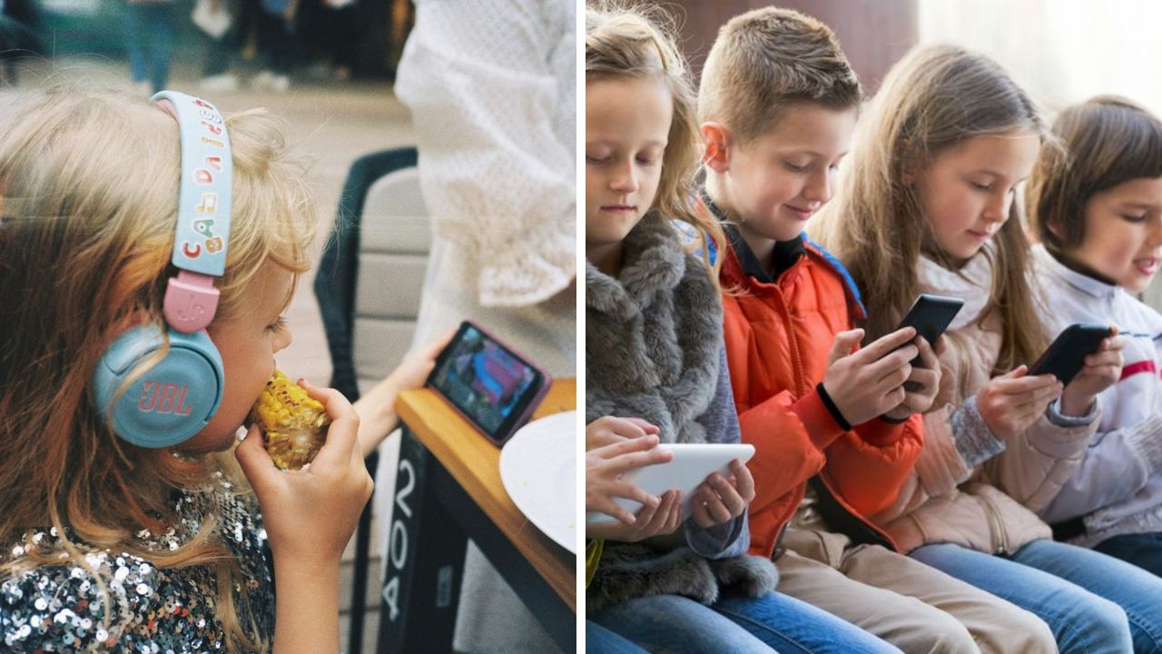 Dieťa s náhlavnými slúchadlami pozerá video, deti v kabátoch používajú mobilné telefóny.