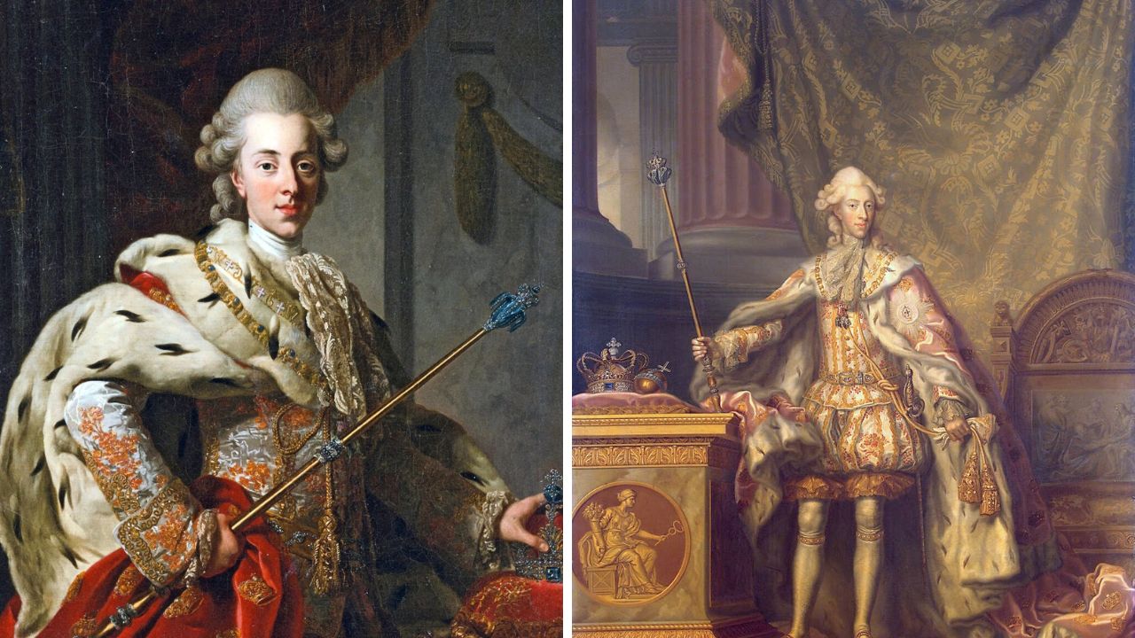 Dvaja korunovaní muži v historických šatách so žezlom, obrazy v tradičnom umeleckom štýle.
