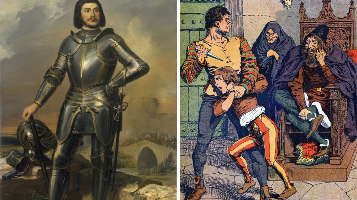 Obrázok stredovekého bojovníka v brnení a ilustrácia dramatickej scénky s postavami.