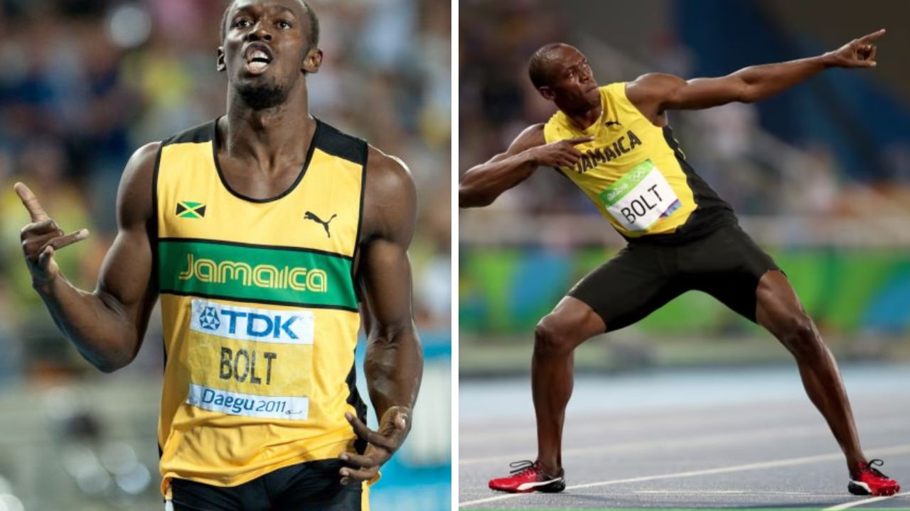 Šprintér v žlto-čiernom drese s nápisom Jamaica oslavuje víťazstvo počas atletickej súťaže.