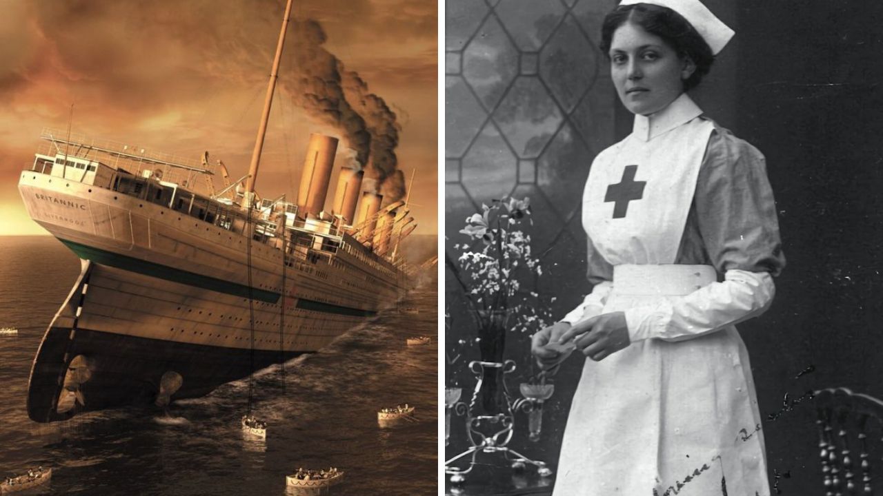 Loď Britannic sa potápa v oceáne; sestrička stojí v historickom odeve.