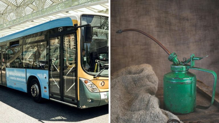 Autobus na obnoviteľnú energiu na ulici a stará zelená olejnička na drevenom pozadí.