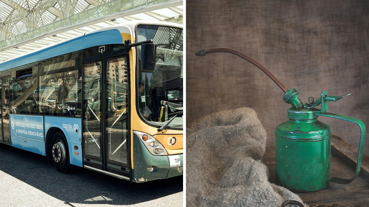 Autobus na obnoviteľnú energiu na ulici a stará zelená olejnička na drevenom pozadí.
