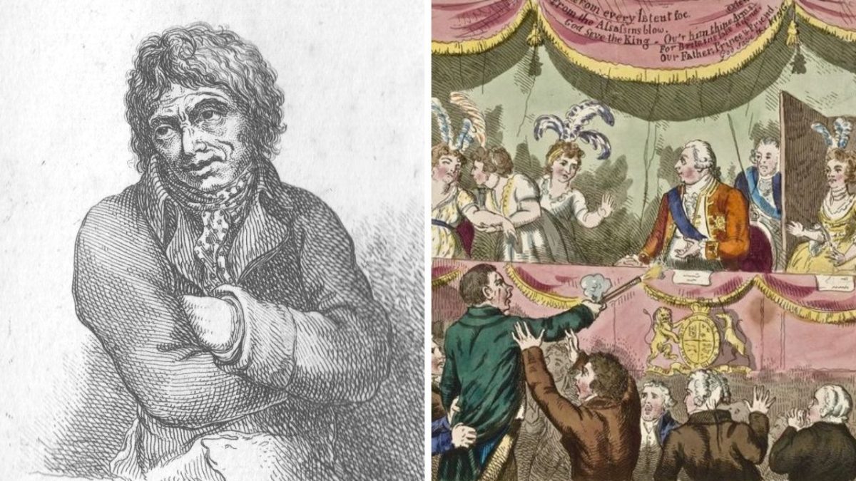 Ilustrácia muža v kabáte a historická scéna s kráľom a divákmi na javisku.