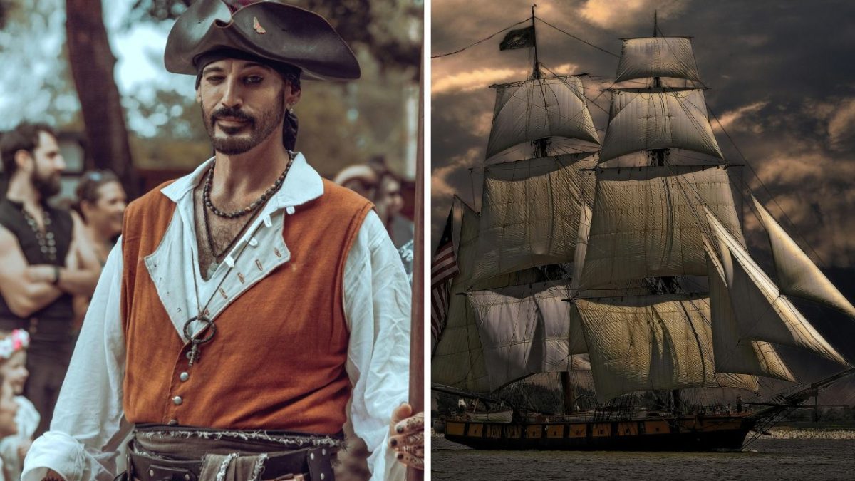 Pirát v klobúku na festivale; vedľa neho historická plachetnica pláva na zamračenom mori.