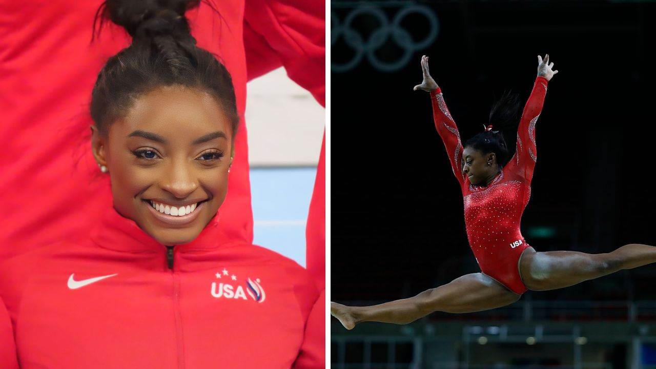 Talentovaná gymnastka v červenom úbore skáče vo vzduchu, úsmev v civile, s medailou USA na bunde.