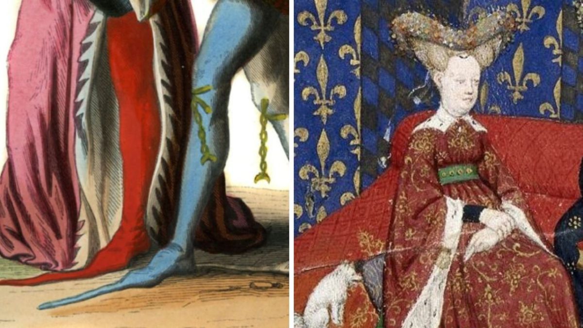 Stredoveké módne odevy: šaty a topánky aristokracie v historických ilustráciách, bohaté farby a detaily.