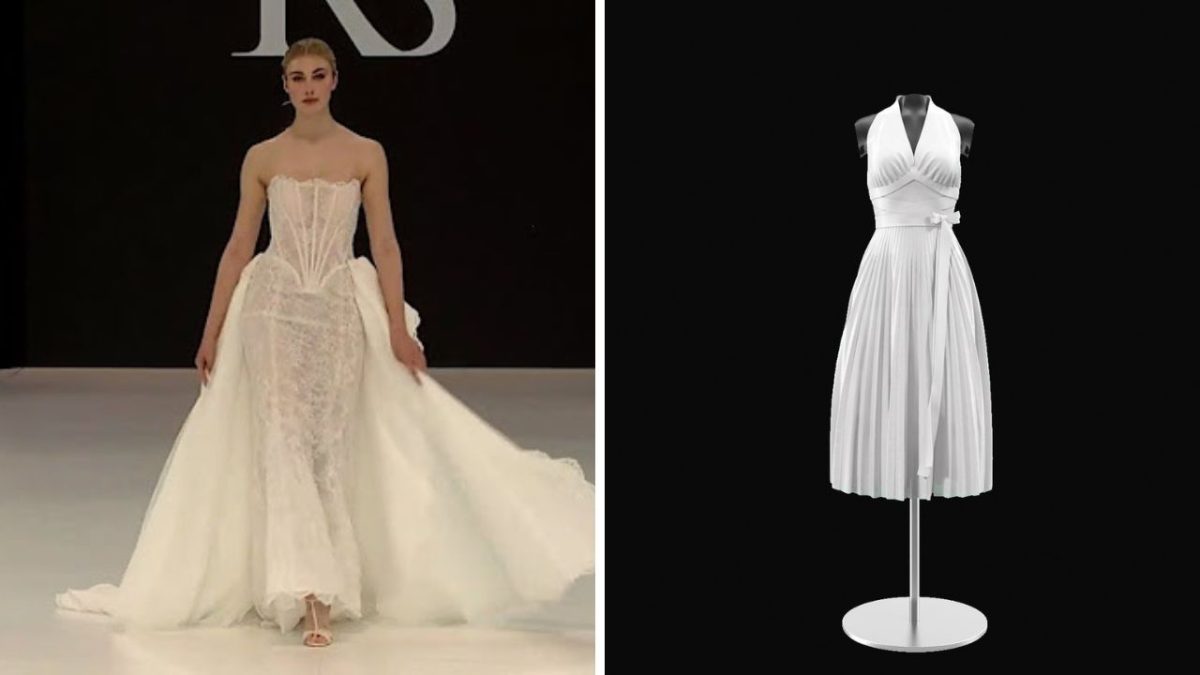 Žena v bielych svadobných šatách na móle a biele elegantné šaty na figuríne na čiernom pozadí.