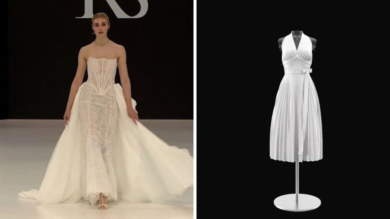 Žena v bielych svadobných šatách na móle a biele elegantné šaty na figuríne na čiernom pozadí.