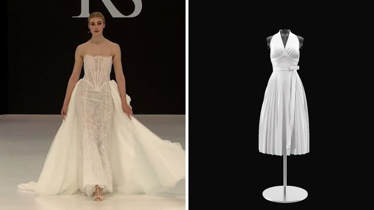 Žena v bielych svadobných šatách na móle a biele elegantné šaty na figuríne na čiernom pozadí.