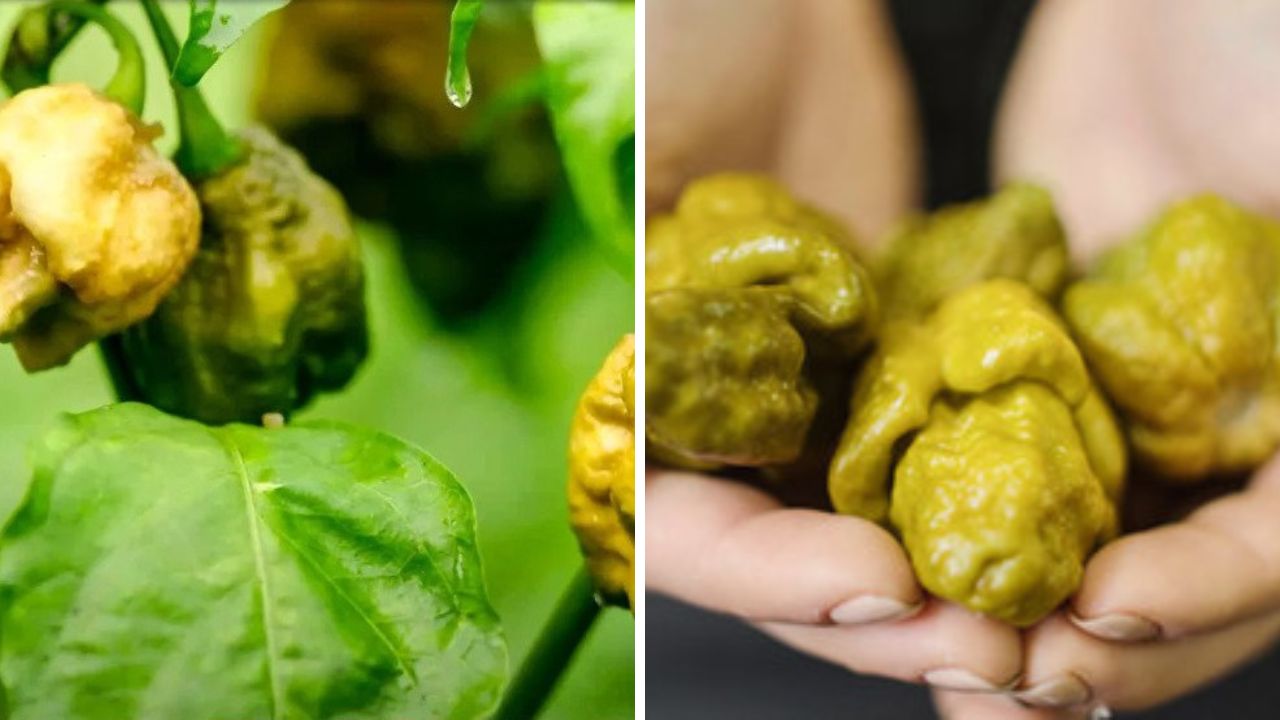 Zelené papriky na rastline a v rukách. Zrelý plod capsicum chinense pripravený na zber a konzumáciu.