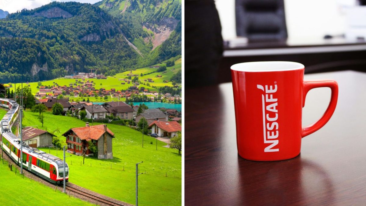 Naľavo: vlak v malebnej krajine s dedinou a horami, napravo: červený hrnček s logom Nescafé na stole.