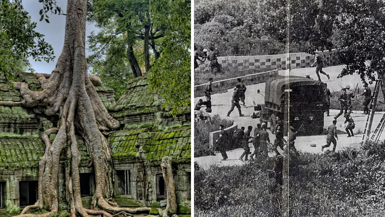 Obrovské korene stromu prerastené cez starodávny chrám a historická čiernobiela vojenská fotografia.