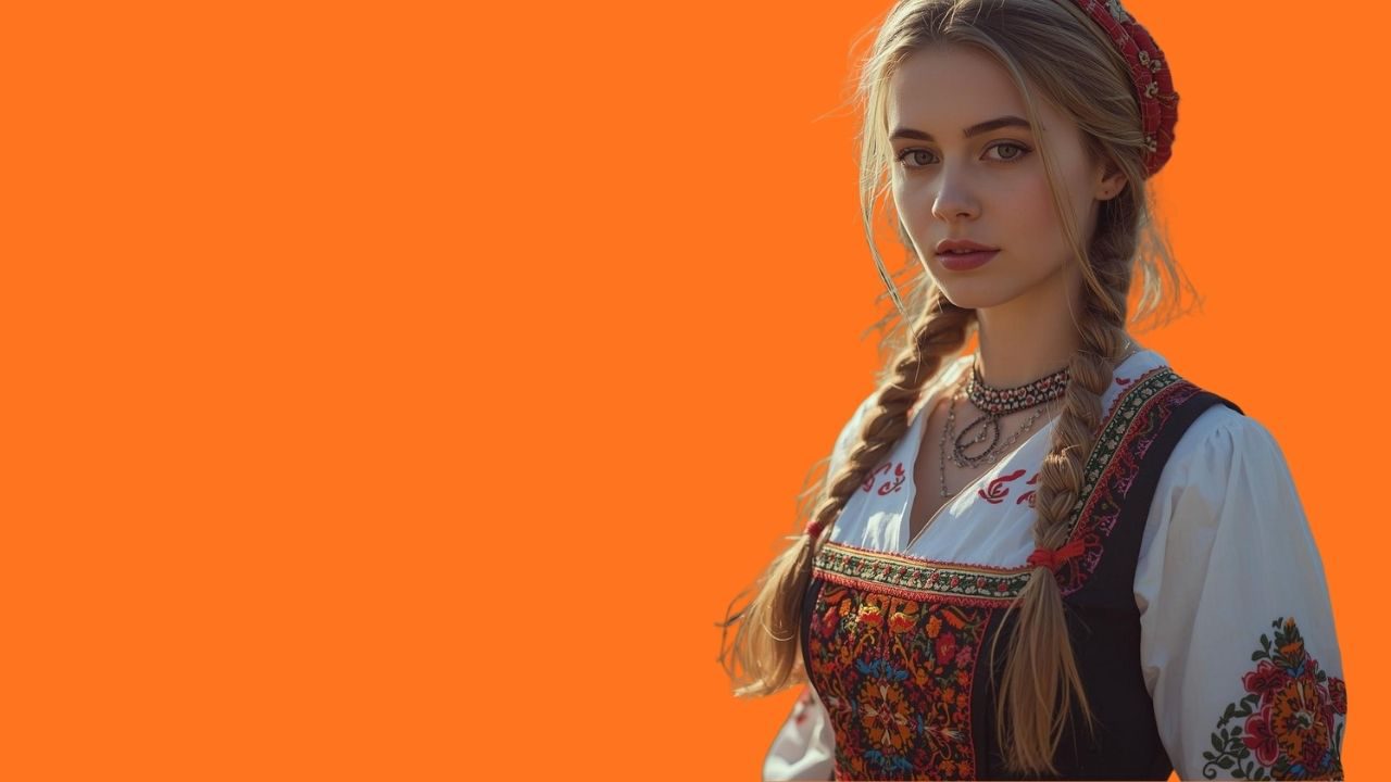 Žena v tradičnom kroji s vrkočmi, oranžové pozadie, ľudový odev, detailný výšivkový vzor.