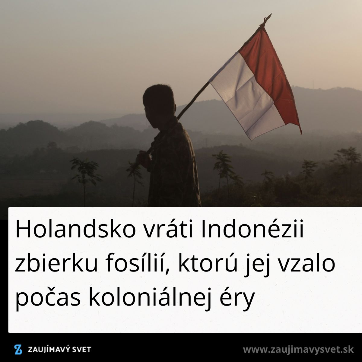 Silueta osoby s indonézskou vlajkou na pozadí kopcovitého krajinného obzoru.