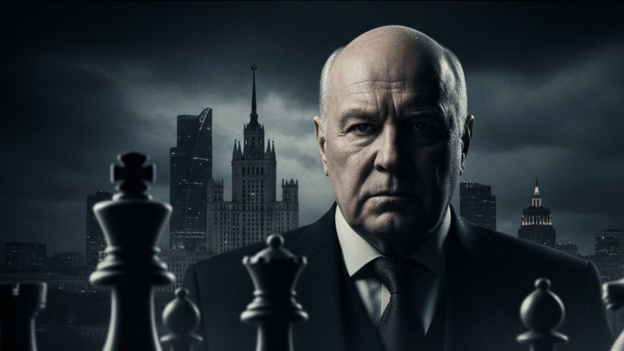 Semjon Mogilievič sleduje šachovnicu, pozadie tvoria mestské mrakodrapy v noci, obraz symbolizuje stratégiu a moc.