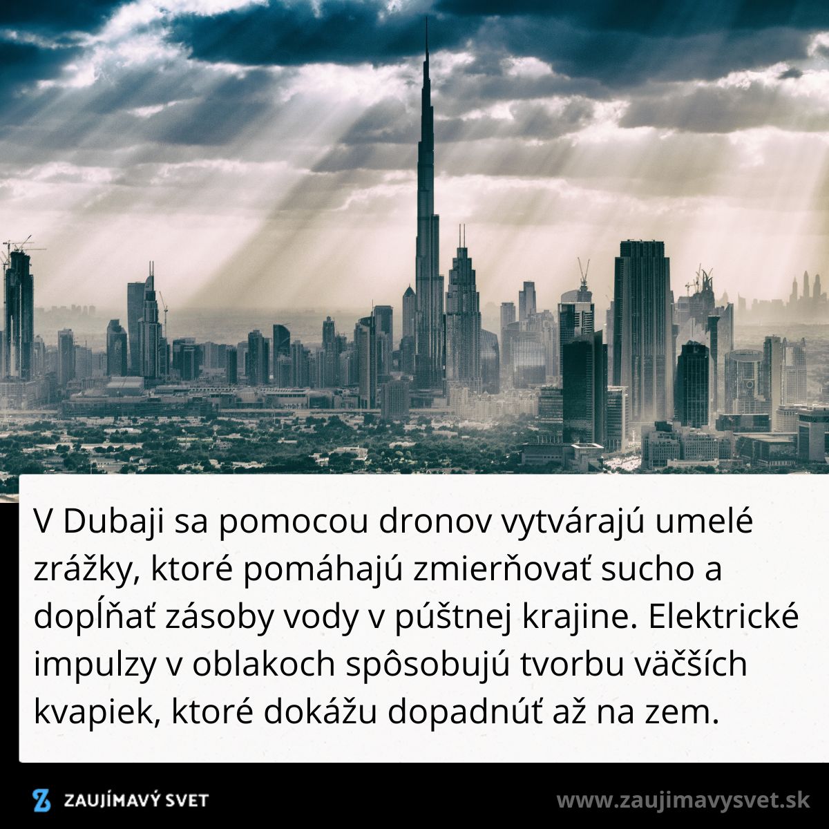 Panoráma Dubaja s mrakodrapmi pod oblakmi, kde drony vytvárajú umelé zrážky na zmiernenie sucha.
