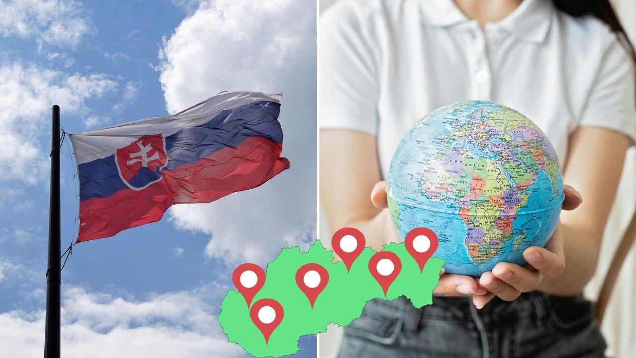 Slovenská vlajka, mapa s označeniami a osoba držiaca glóbus symbolizujúce cestovanie a národnú identitu Slovenska.