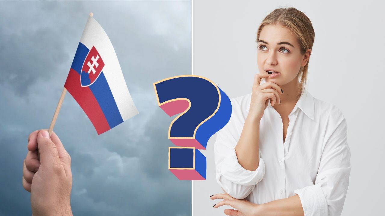 Ruka drží slovenskú vlajku; vedľa je žena zamyslene pozerajúca na veľký otáznik.