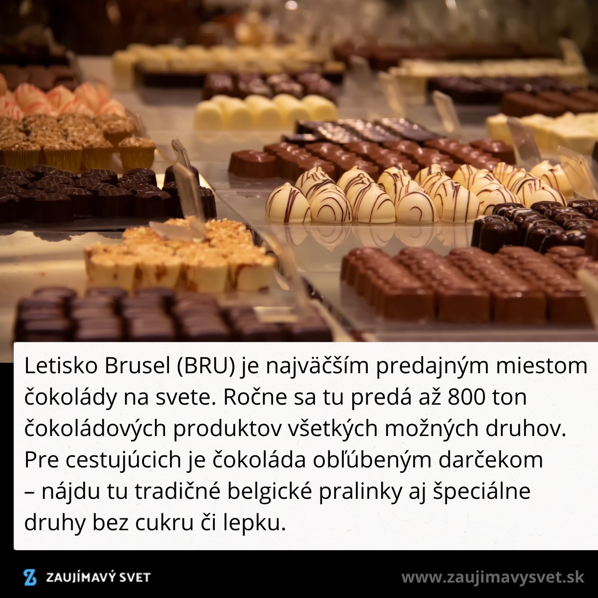 Rôzne druhy belgickej čokolády vystavené na pulte v predajni na letisku Brusel.