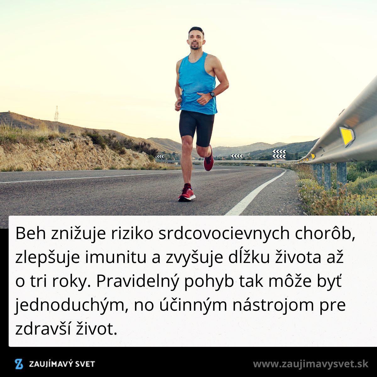 Muž beží na ceste pri západe slnka, zvýrazňujúc zdravotné výhody pravidelného behu.