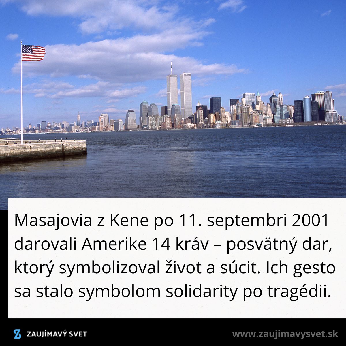 Newyorská panoráma s Dvojičkami, americká vlajka - symbol solidarity po 11. septembri.