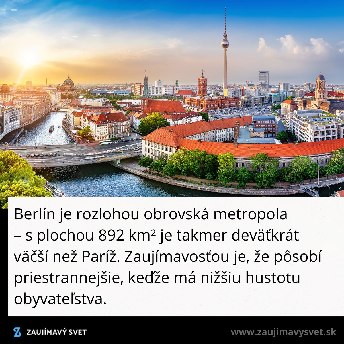 Panoráma Berlína s televíznou vežou a riekou pri západe slnka. Metropola s nižšou hustotou obyvateľstva.