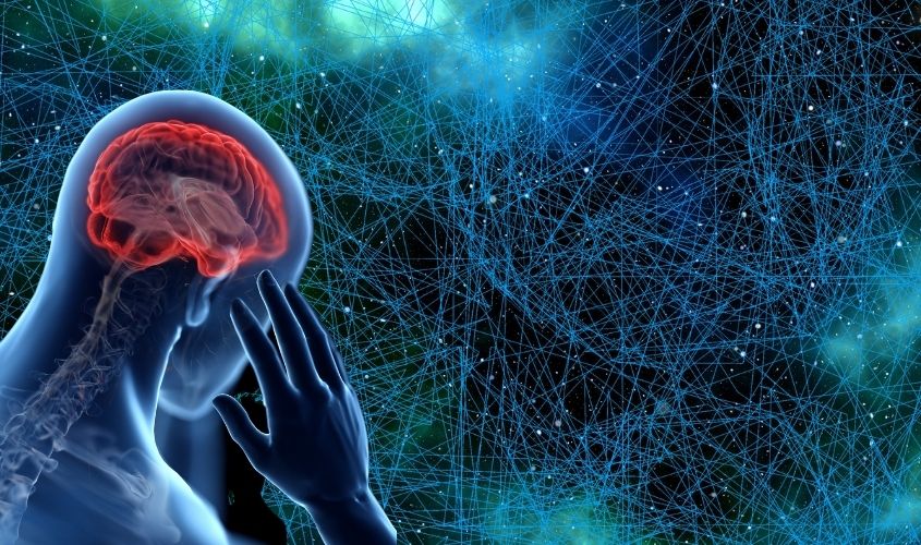 Ľudský mozog so zložitou neurónovou sieťou na pozadí, symbolizujúci myšlienkové procesy a vedu o mysli.
