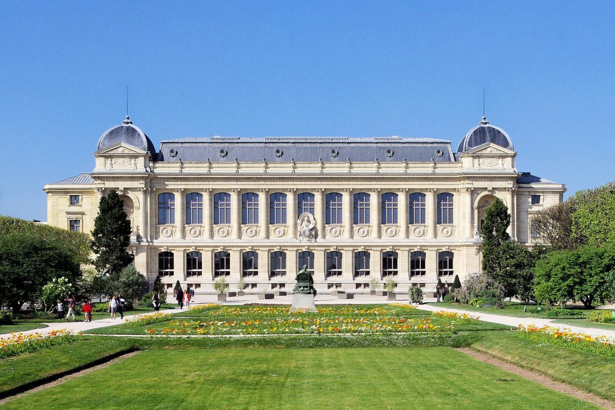 Historická budova s kvetinovou záhradou, návštevníci na chodníkoch, modrá obloha.