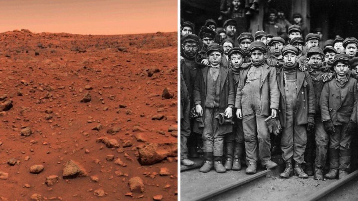 Ľavá časť: Povrch Marsu s červenou pôdou a kameňmi. Pravá časť: Historická fotografia pracujúcich detí v priemysle.