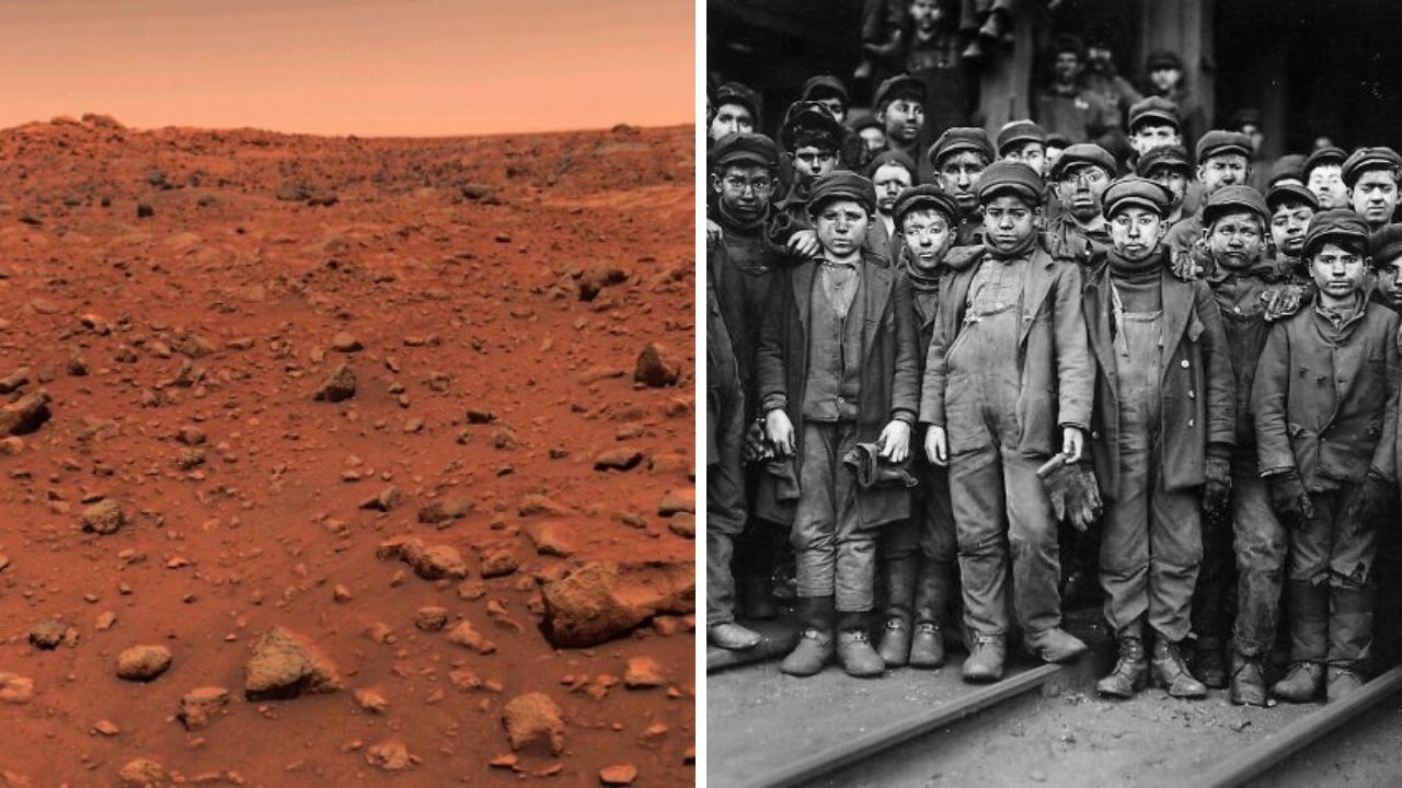 Ľavá časť: Povrch Marsu s červenou pôdou a kameňmi. Pravá časť: Historická fotografia pracujúcich detí v priemysle.