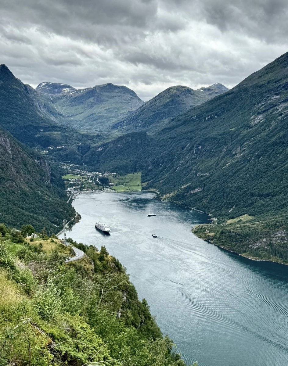 Krásny výhľad na fjord s plaviacimi sa loďami obklopený horami a zelenou prírodou pod zamračenou oblohou.