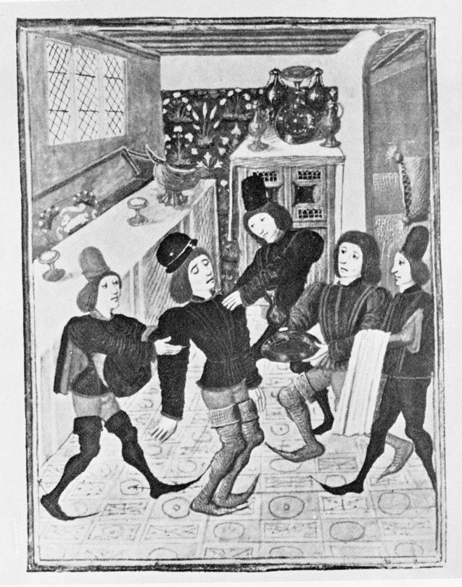 Stredoveká ilustrácia mužov v interiéri, historické oblečenie, priateľský rozhovor pri pohároch a riadoch.
