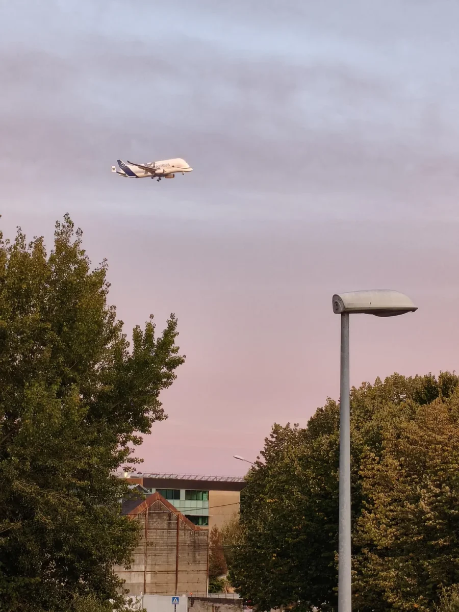 Lietadlo Airbus Beluga XL pristáva za súmraku nad mestom, obloha jemne ružová s okolitými stromami.