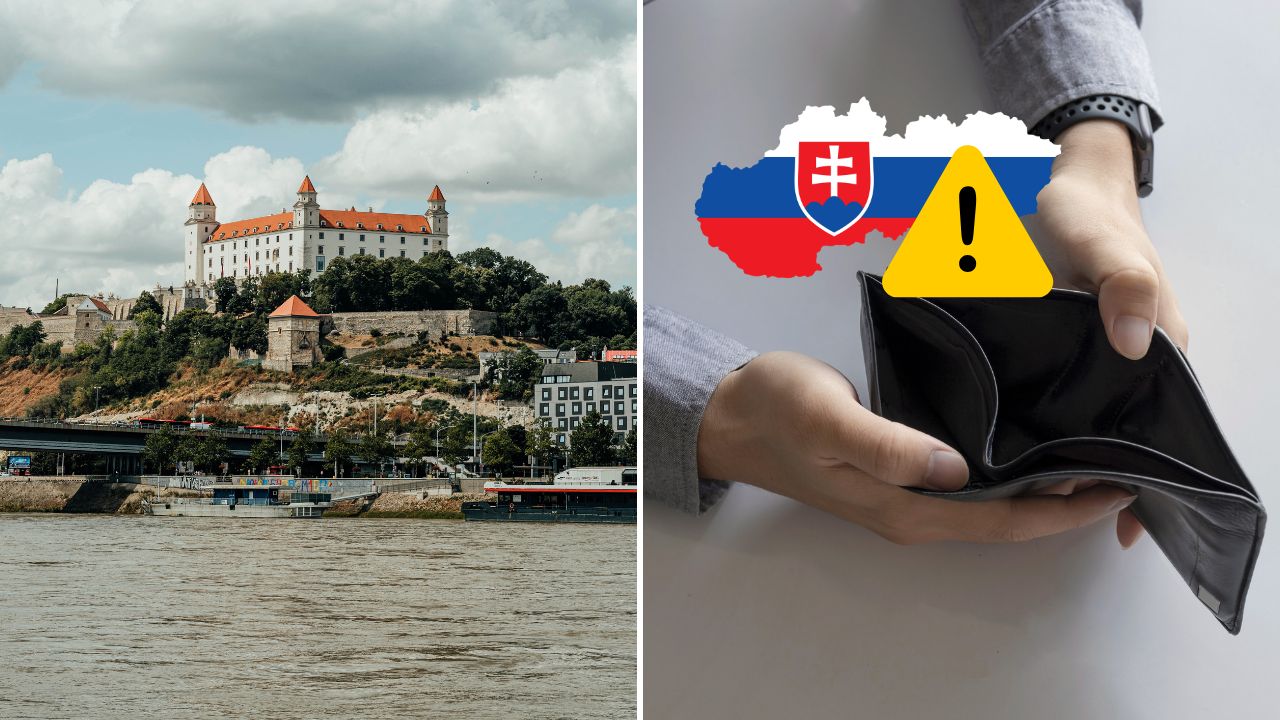 Bratislavský hrad a prázdna peňaženka symbolizujú ekonomické výzvy na Slovensku.